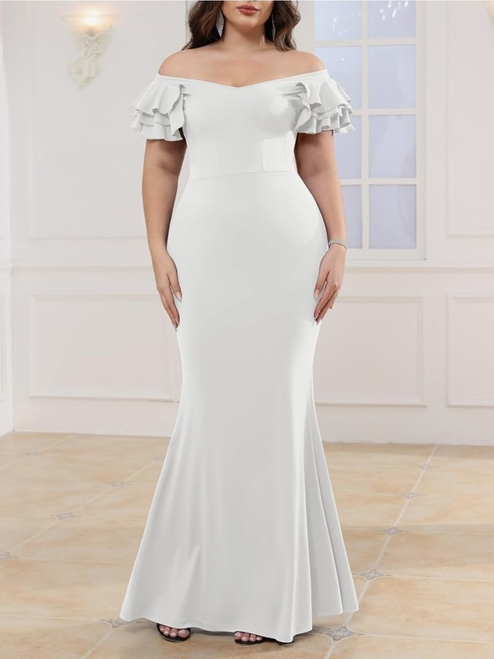 Ekaliy Plus Size Mermaid Maxi Dress V Neck Ruffle Sleeve Bodycon Gown Size 3XL